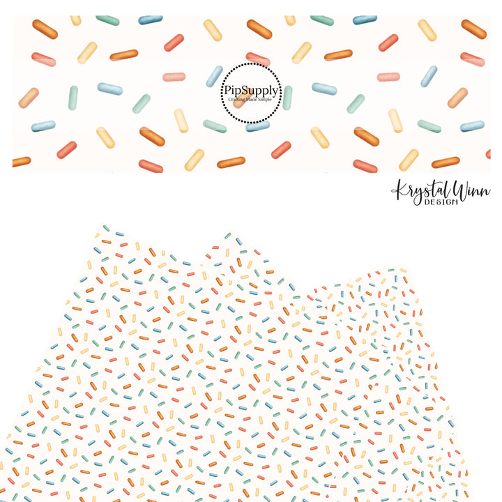 These dessert themed cream faux leather sheets contain the following design elements: colorful sprinkles on cream. Our CPSIA compliant faux leather sheets or rolls can be used for all types of crafting projects.