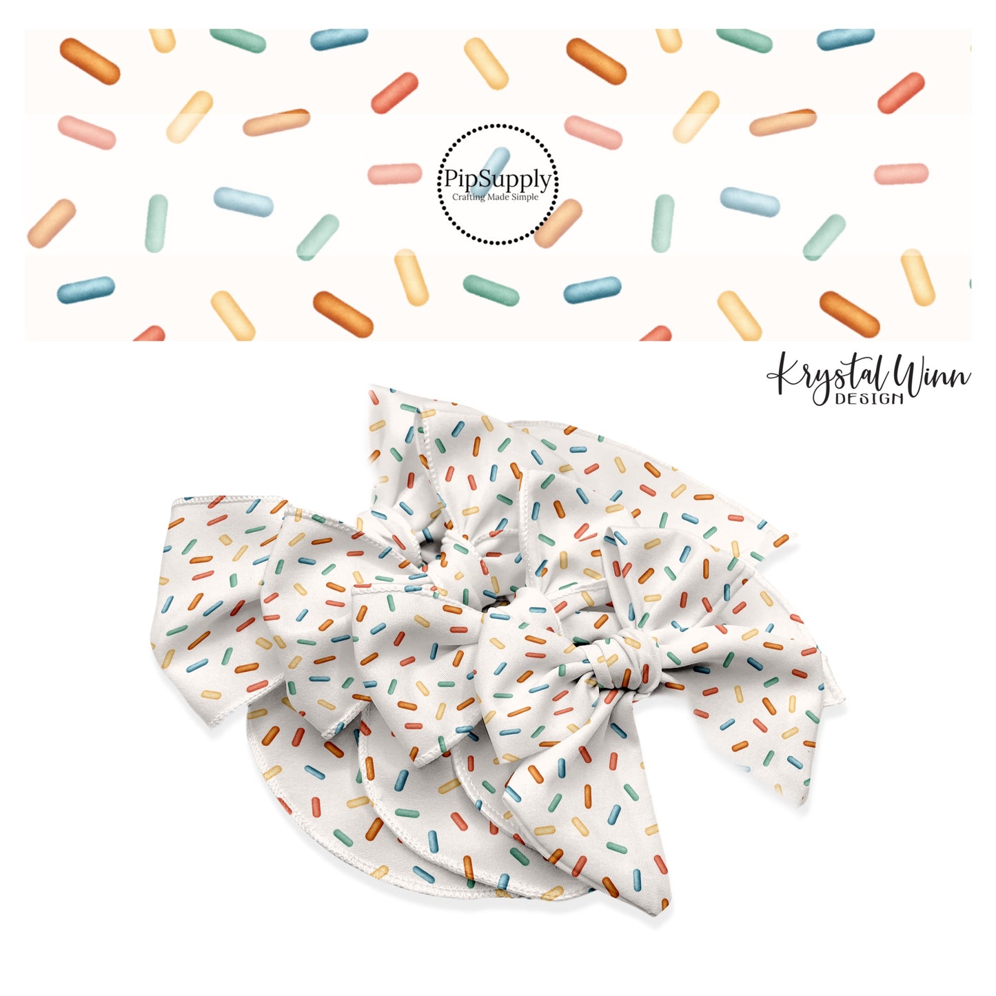 These dessert themed cream no sew bow strips can be easily tied and attached to a clip for a finished hair bow. These fun party themed bow strips are great for personal use or to sell. The bow strips features colorful sprinkles on cream. 