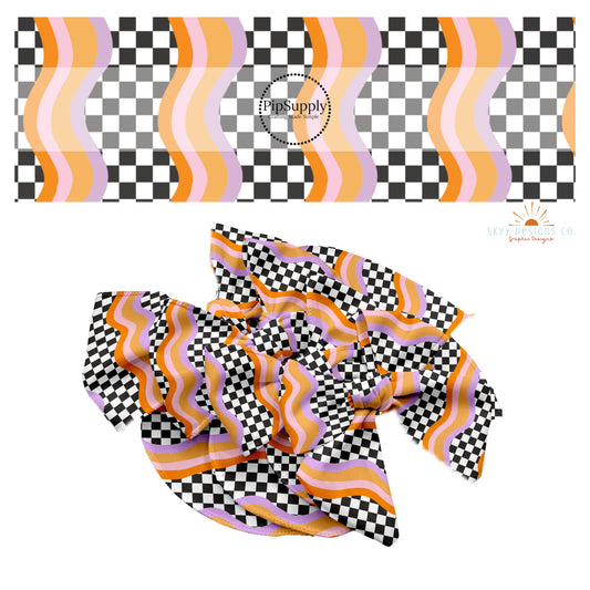Black and white checker with orange and purple waves hair bow strips