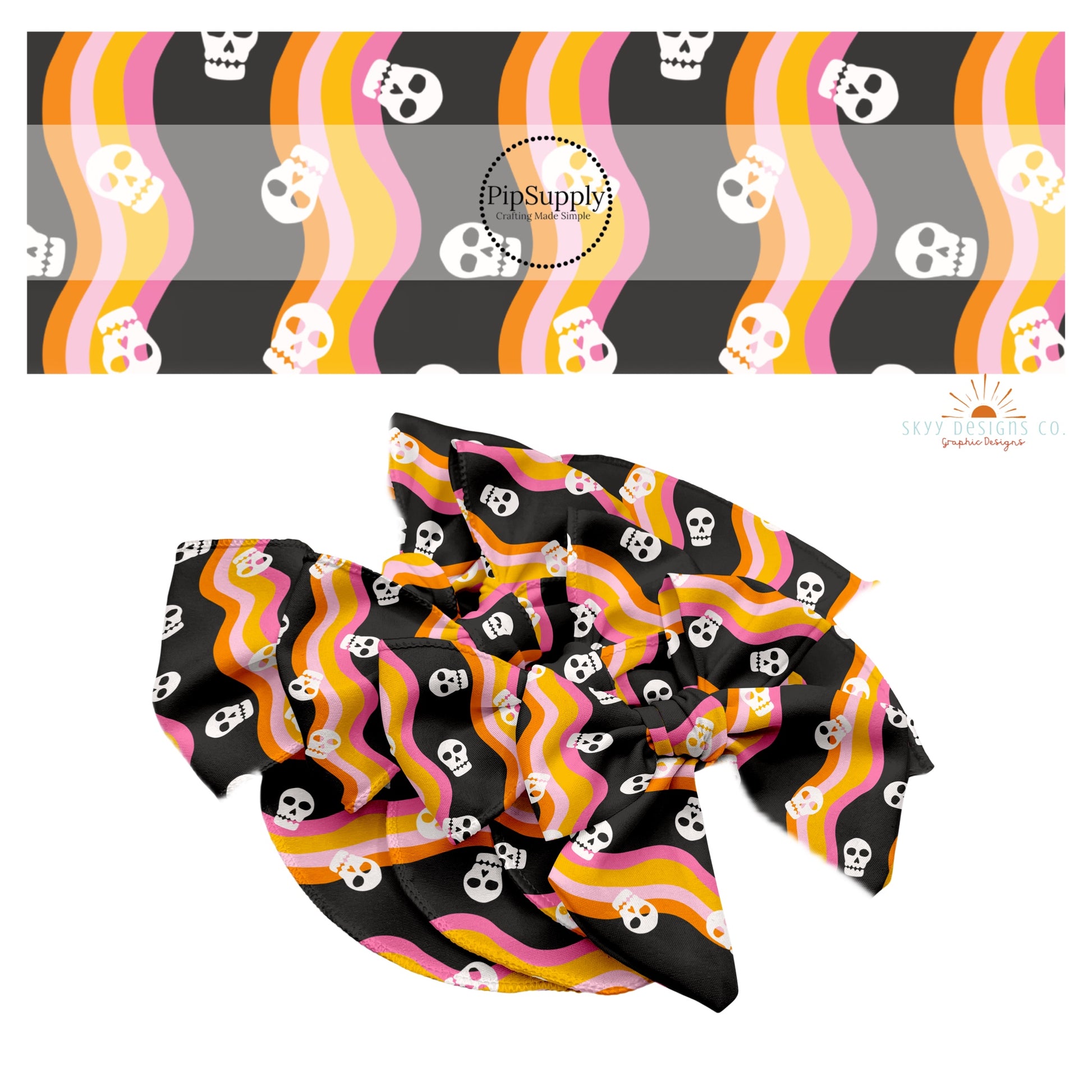 Pink and orange waves with skulls on black hair bow strips