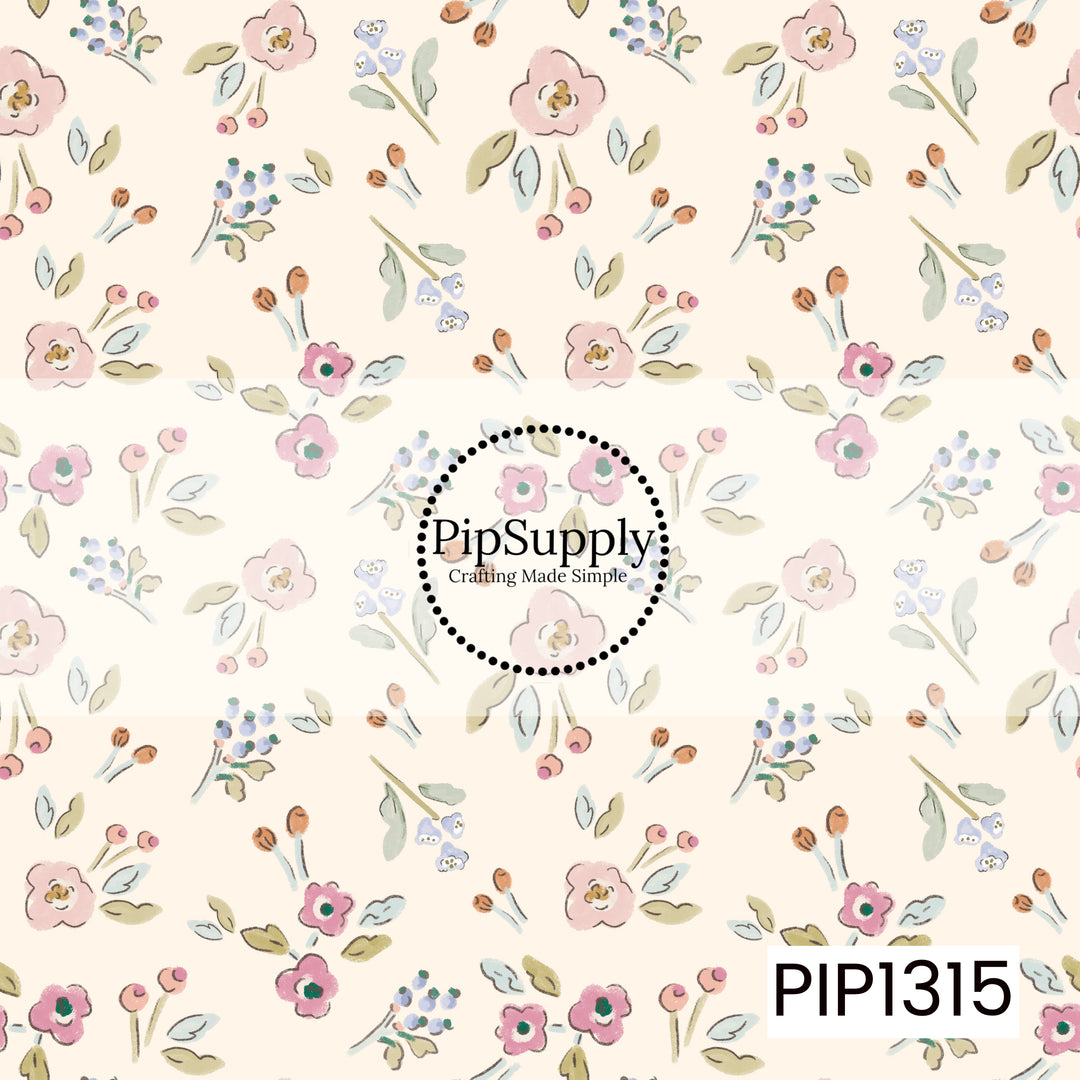 A delicate watercolor floral pattern featuring scattered blush pink blooms, tiny blue flowers, berry sprigs, soft green leaves, and warm peach accents on a creamy ivory background. The loose hand-painted style gives it a sweet, vintage-inspired feel.