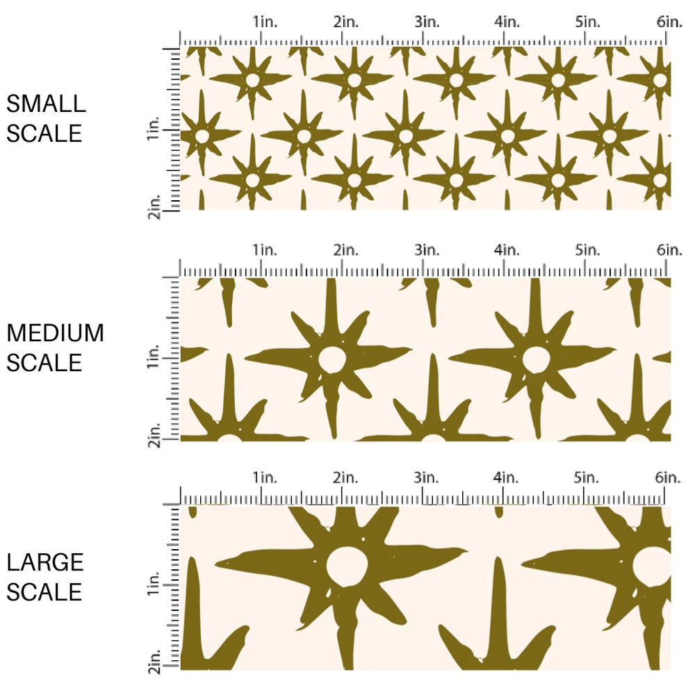 This scale chart of small scale, medium scale, and large scale of this summer fabric by the yard feature green compass star pattern on cream. This fun summer themed fabric can be used for all your sewing and crafting needs!