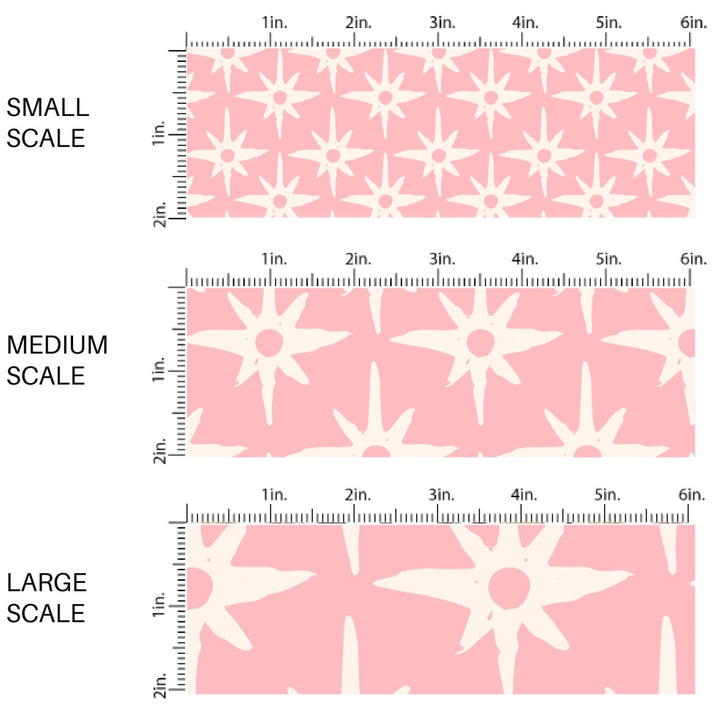 This scale chart of small scale, medium scale, and large scale of this summer fabric by the yard feature compass star pattern on pink. This fun summer themed fabric can be used for all your sewing and crafting needs!