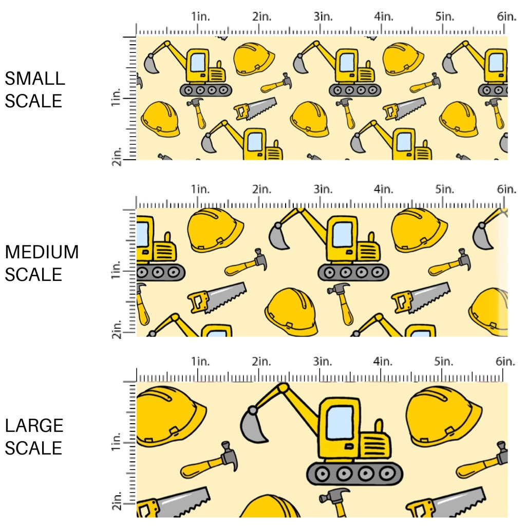 These construction themed fabric by the yard features tools, hard hats, and equipment. These pattern fabric can be used for all your sewing and crafting needs!