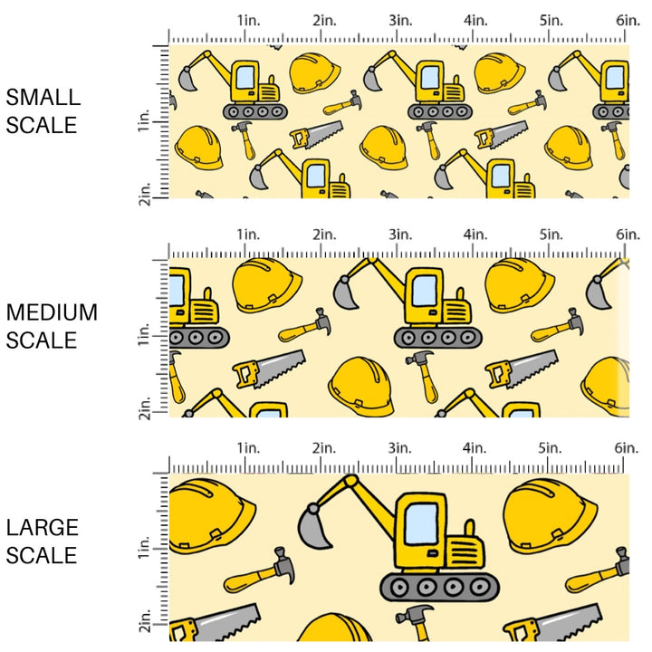 These construction themed fabric by the yard features tools, hard hats, and equipment. These pattern fabric can be used for all your sewing and crafting needs!