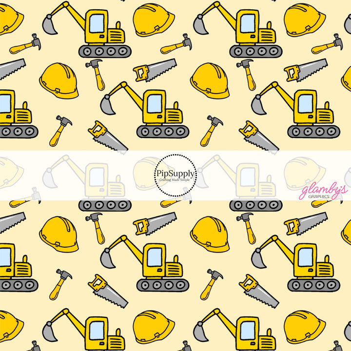 These construction themed fabric by the yard features tools, hard hats, and equipment. These pattern fabric can be used for all your sewing and crafting needs!