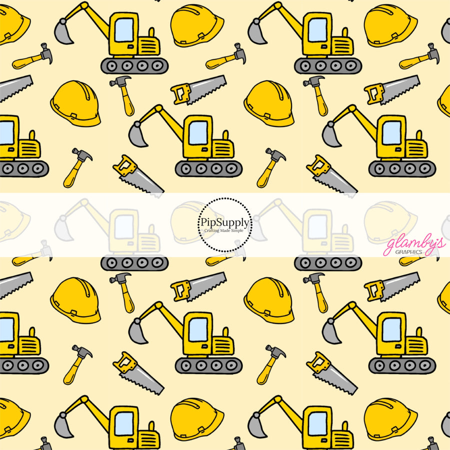 These construction themed fabric by the yard features tools, hard hats, and equipment. These pattern fabric can be used for all your sewing and crafting needs!