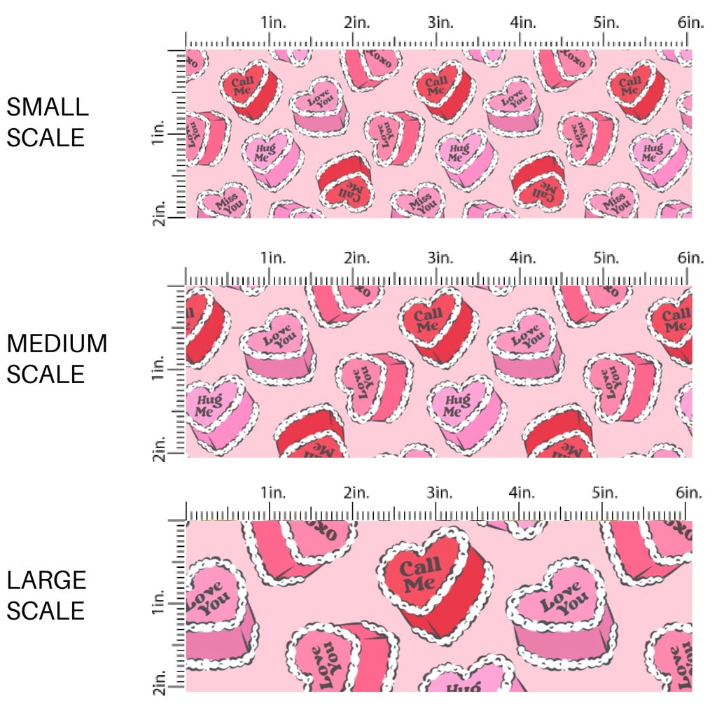 This holiday fabric by the yard features colorful conversation heart cakes. This festive pattern fabric can be used for all your sewing and crafting needs!