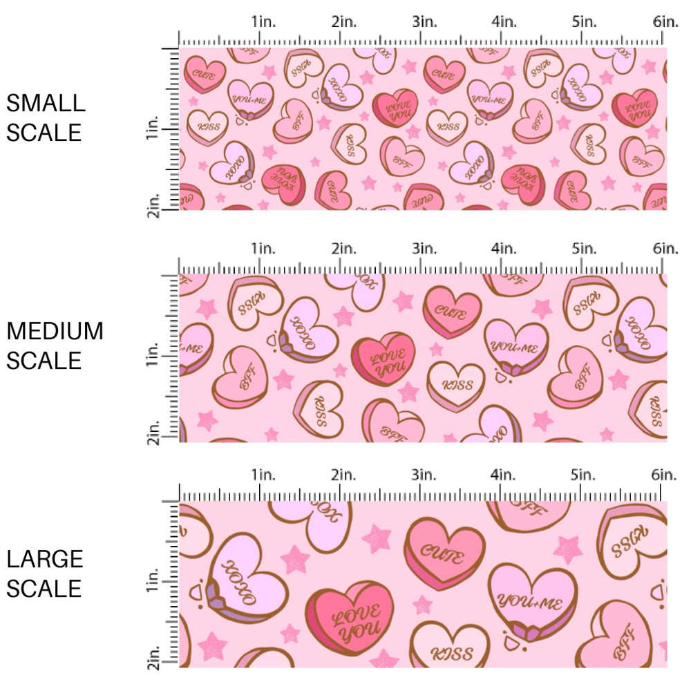 This holiday fabric by the yard features conversation heart candies. This festive pattern fabric can be used for all your sewing and crafting needs!