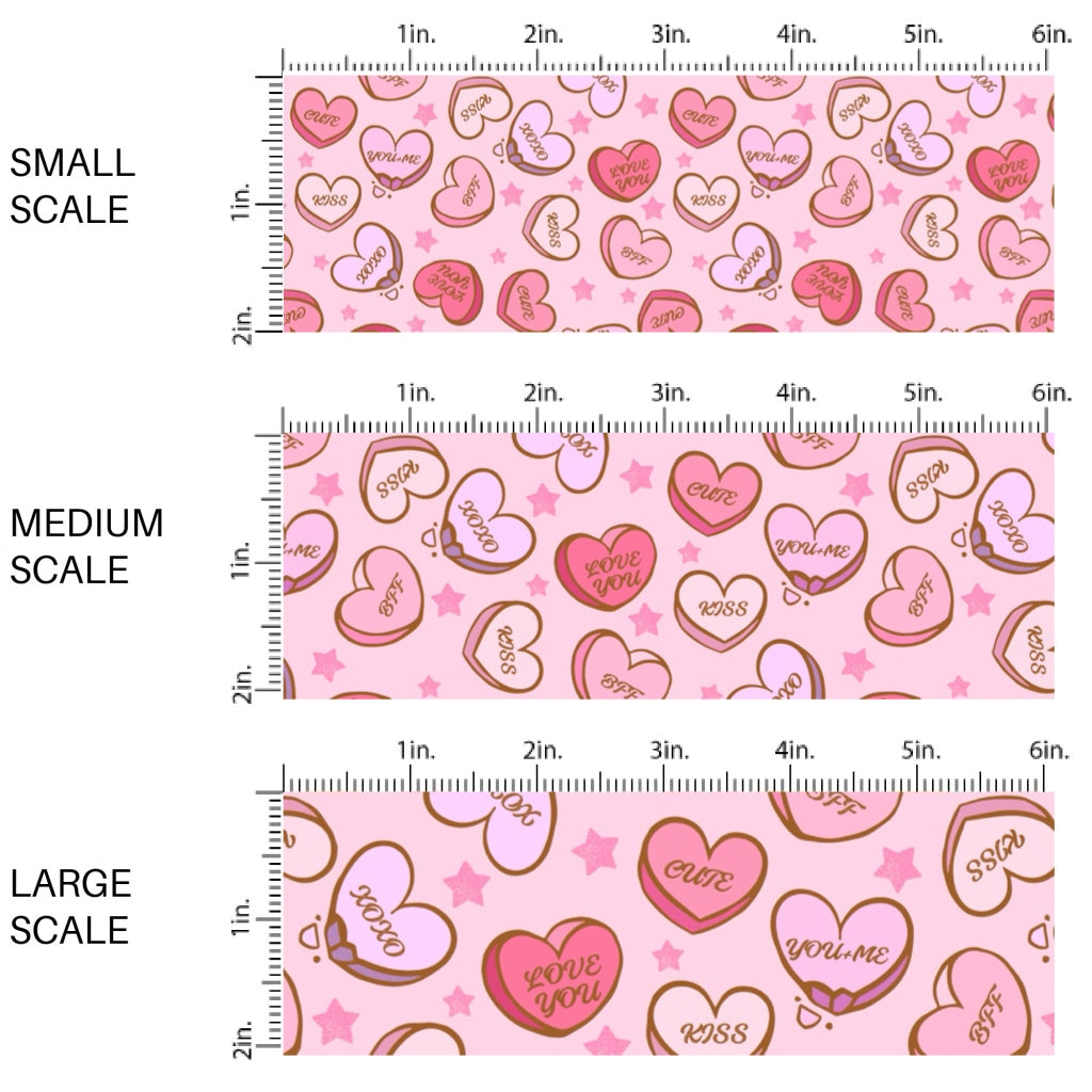 This holiday fabric by the yard features conversation heart candies. This festive pattern fabric can be used for all your sewing and crafting needs!