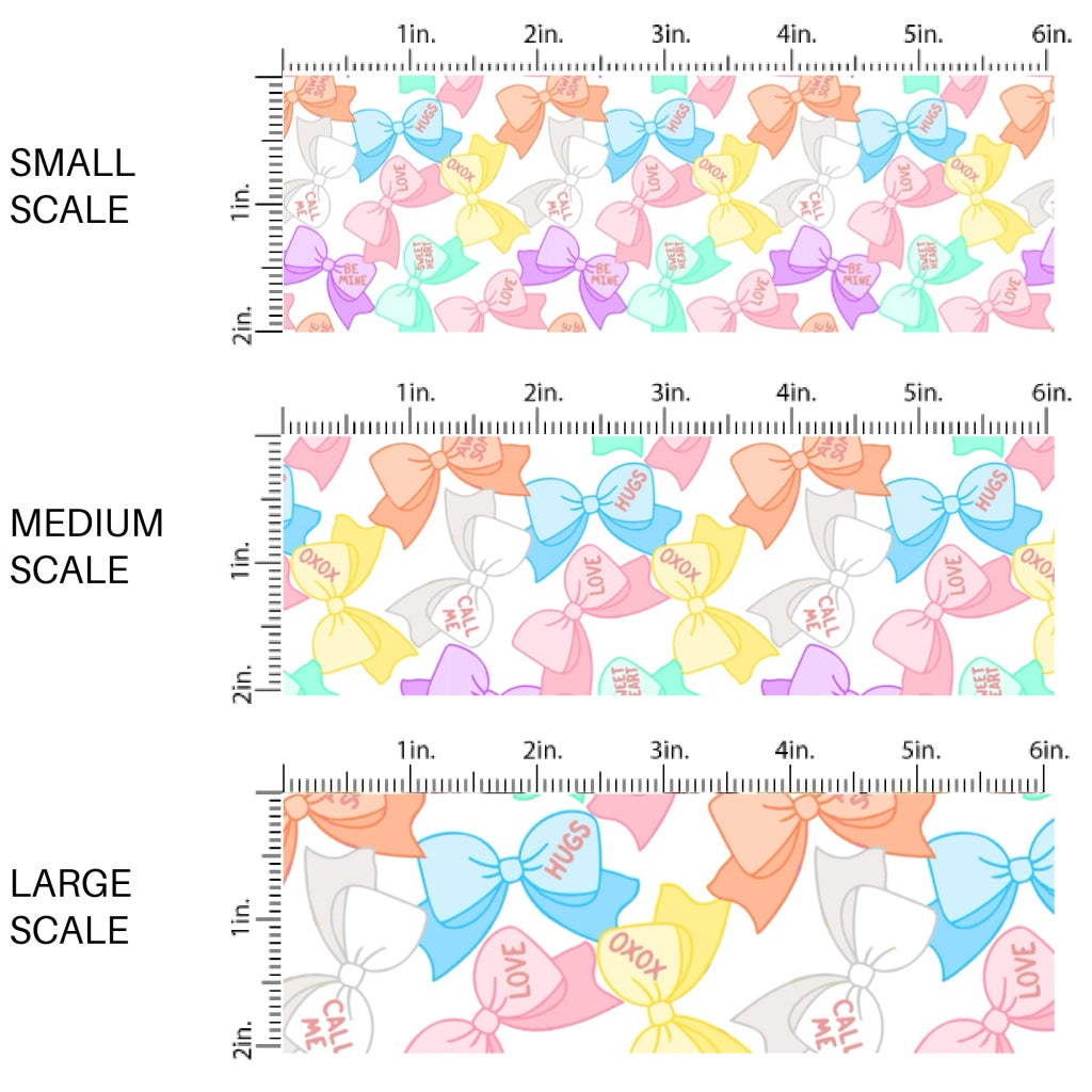 This holiday fabric by the yard features conversation heart bows. This festive pattern fabric can be used for all your sewing and crafting needs!