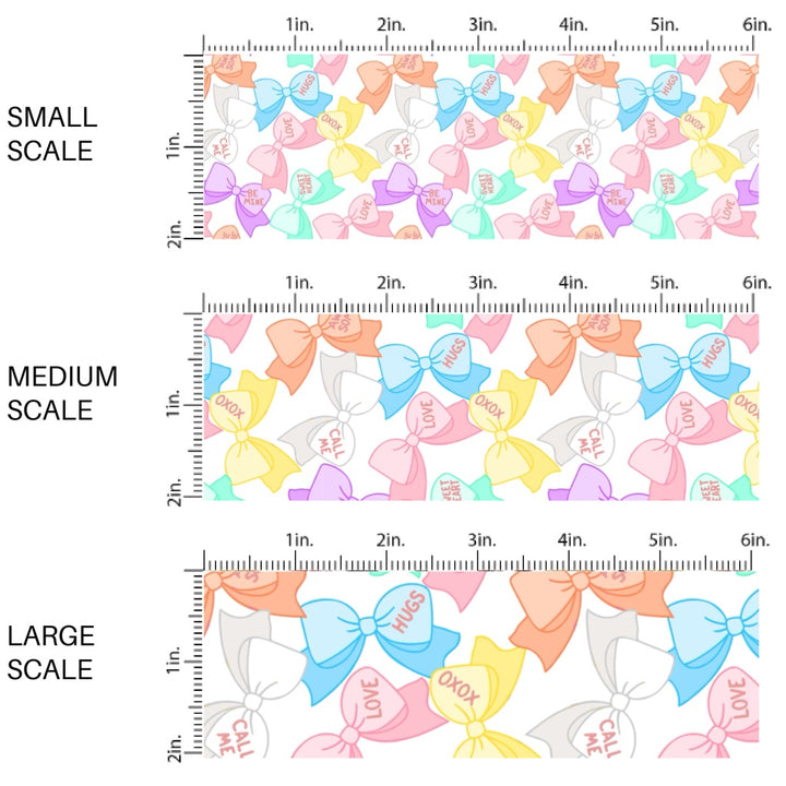 This holiday fabric by the yard features conversation heart bows. This festive pattern fabric can be used for all your sewing and crafting needs!