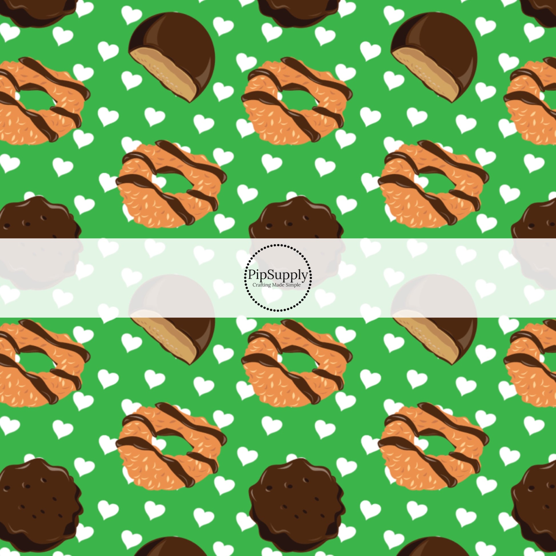 Chocolate cookies and white hearts on green hair bow strips