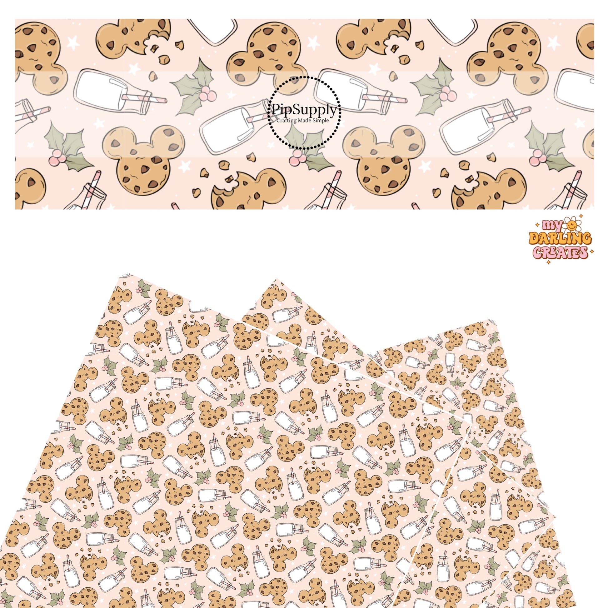 Mouse ear cookies, glass of milk, holly leaves, and stars on pink faux leather sheets