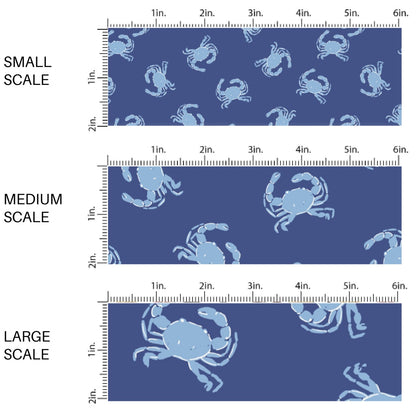 This scale chart of small scale, medium scale, and large scale of this summer fabric by the yard features light blue crabs on dark blue. This fun themed fabric can be used for all your sewing and crafting needs!