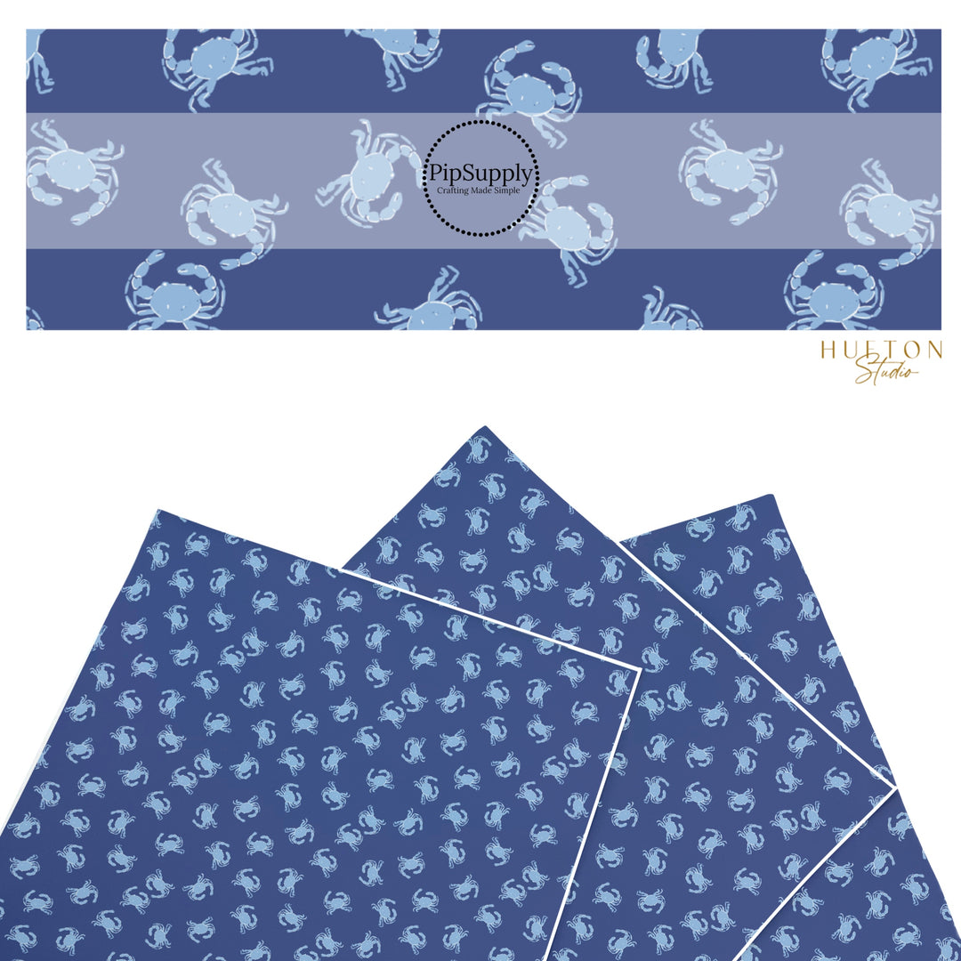 These summer faux leather sheets contain the following design elements: light blue crabs on dark blue. Our CPSIA compliant faux leather sheets or rolls can be used for all types of crafting projects.