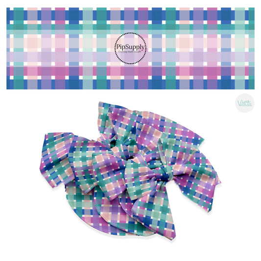 These spring floral pattern themed no sew bow strips can be easily tied and attached to a clip for a finished hair bow. These patterned bow strips are great for personal use or to sell. These bow strips features light pink, light blue, aqua, mint, and light purple plaid pattern. 