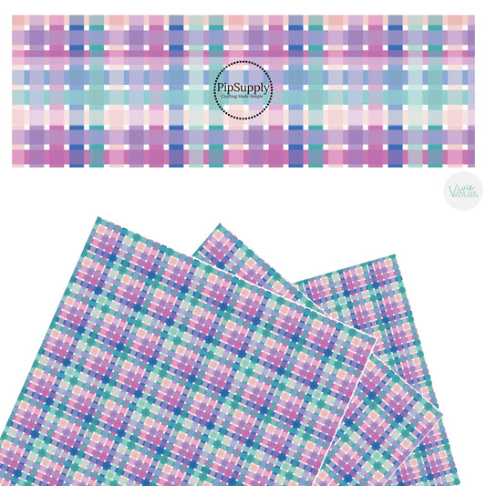 These spring pastel pattern themed faux leather sheets contain the following design elements: light pink, light blue, aqua, mint, and light purple plaid pattern. Our CPSIA compliant faux leather sheets or rolls can be used for all types of crafting projects.