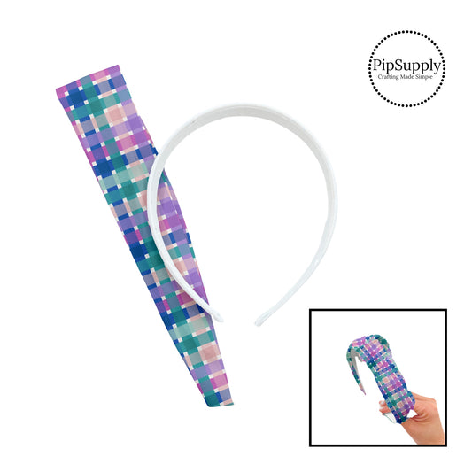 These spring patterned headband kits are easy to assemble and come with everything you need to make your own knotted headband. These kits include a custom printed and sewn fabric strip and a coordinating velvet headband. This cute pattern features light pink, light blue, aqua, mint, and light purple plaid pattern. 