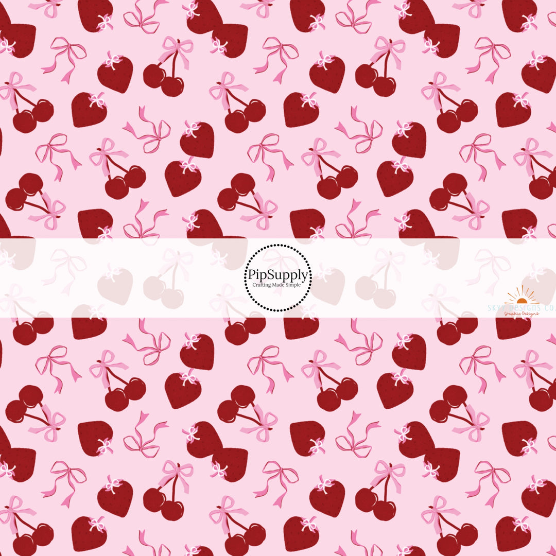 This holiday fabric by the yard features berries, hearts, and bows. This festive pattern fabric can be used for all your sewing and crafting needs!