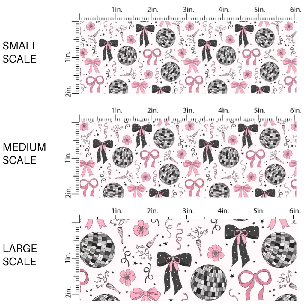 This party fabric by the yard features pink bows and disco balls. This festive pattern fabric can be used for all your sewing and crafting needs!