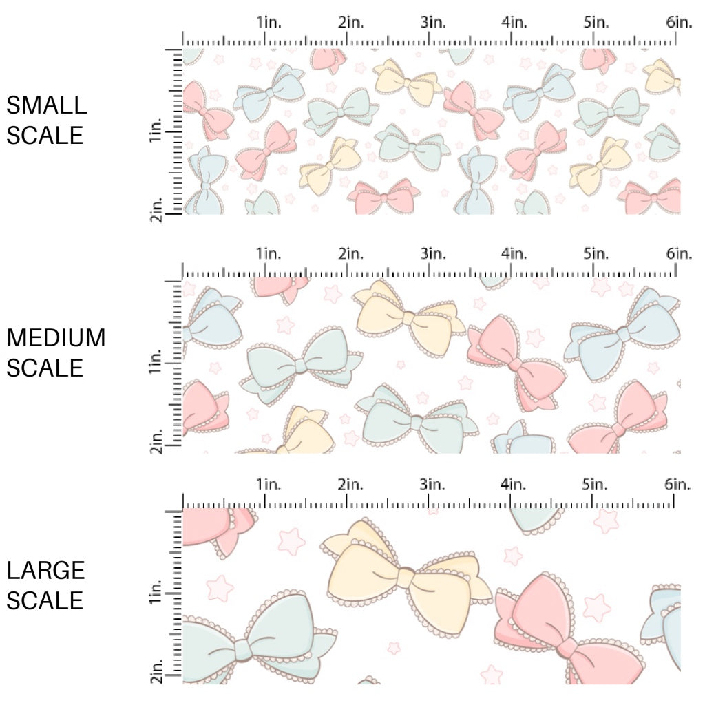 This spring fabric by the yard features pastel coquette bows. This seasonal pattern fabric can be used for all your sewing and crafting needs!