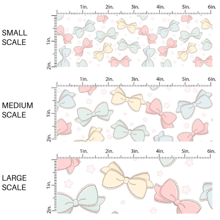 This spring fabric by the yard features pastel coquette bows. This seasonal pattern fabric can be used for all your sewing and crafting needs!