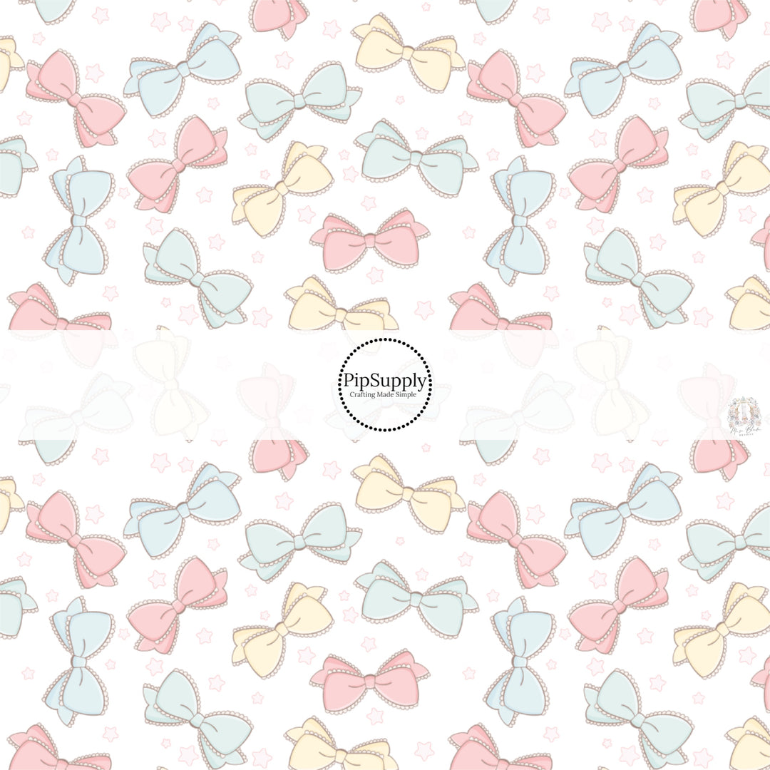 This spring fabric by the yard features pastel coquette bows. This seasonal pattern fabric can be used for all your sewing and crafting needs!