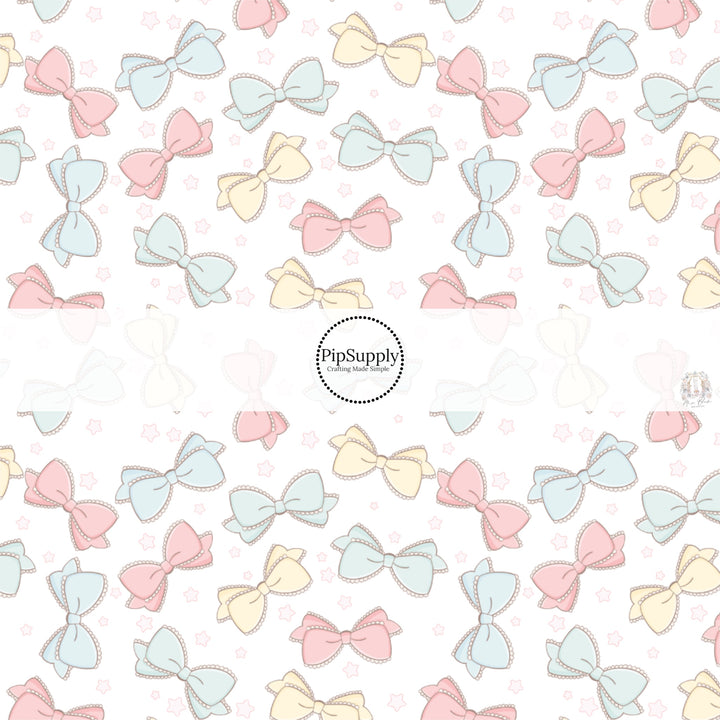 This spring fabric by the yard features pastel coquette bows. This seasonal pattern fabric can be used for all your sewing and crafting needs!