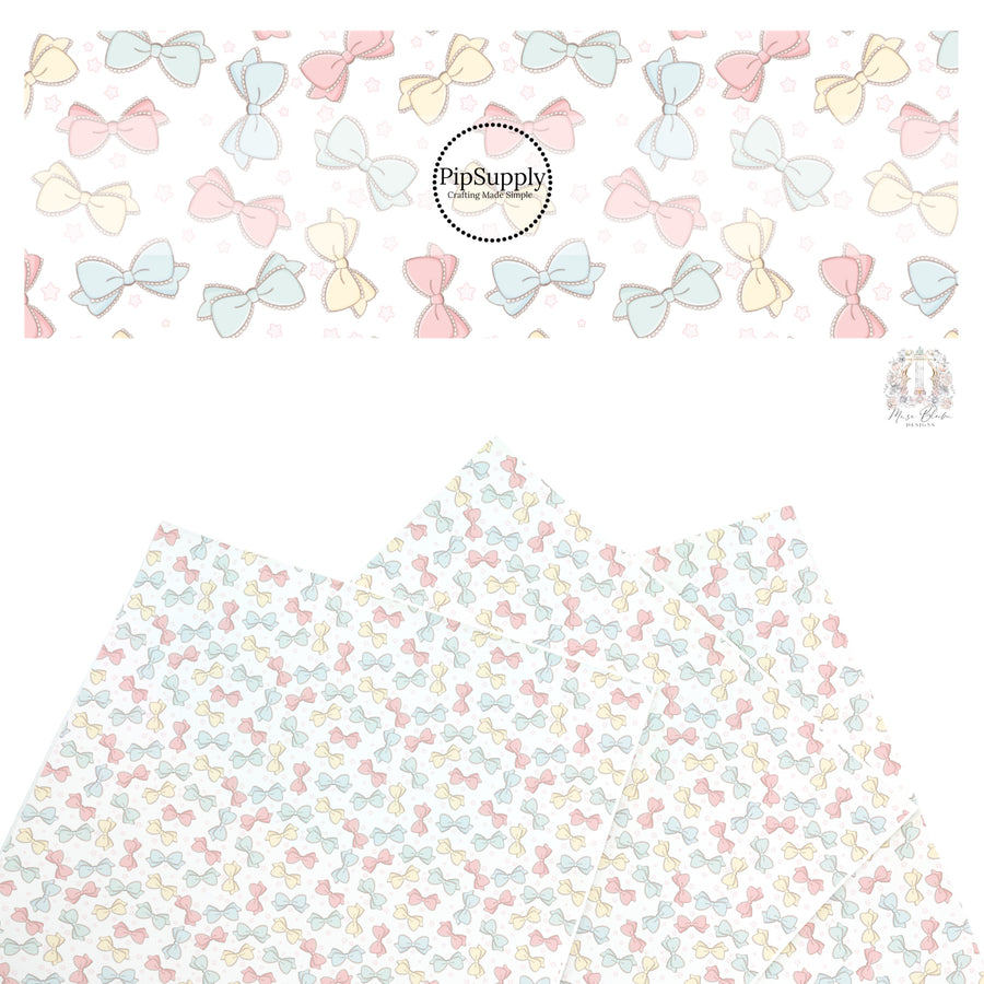 These spring faux leather sheets contain the following design elements: pastel coquette bows. Our CPSIA compliant faux leather sheets or rolls can be used for all types of crafting projects.