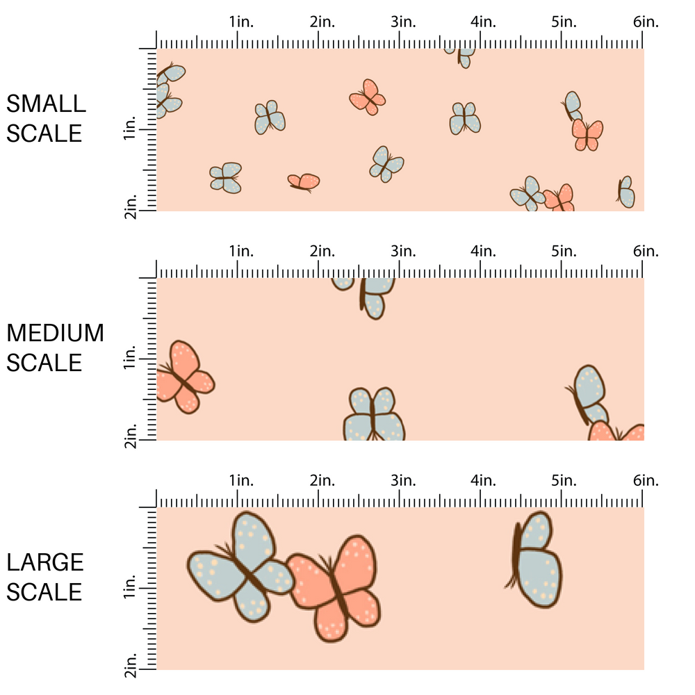 This scale chart with small scale, medium scale, and large scale of these butterfly themed light cream fabric by the yard features small butterflies in light orange and light blue. 