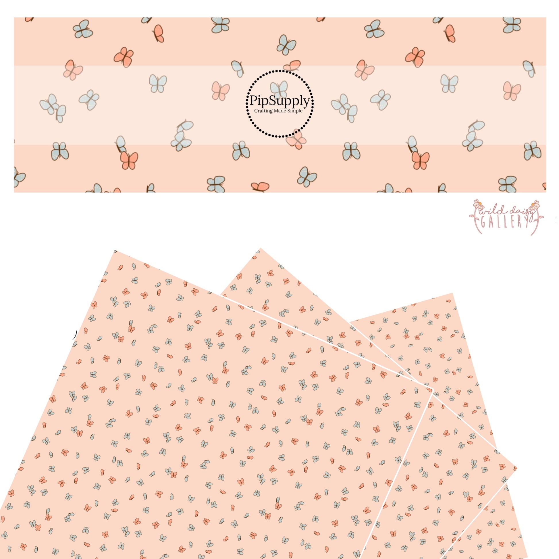These butterfly themed light cream faux leather sheets contain the following design elements: small butterflies in light orange and light blue.