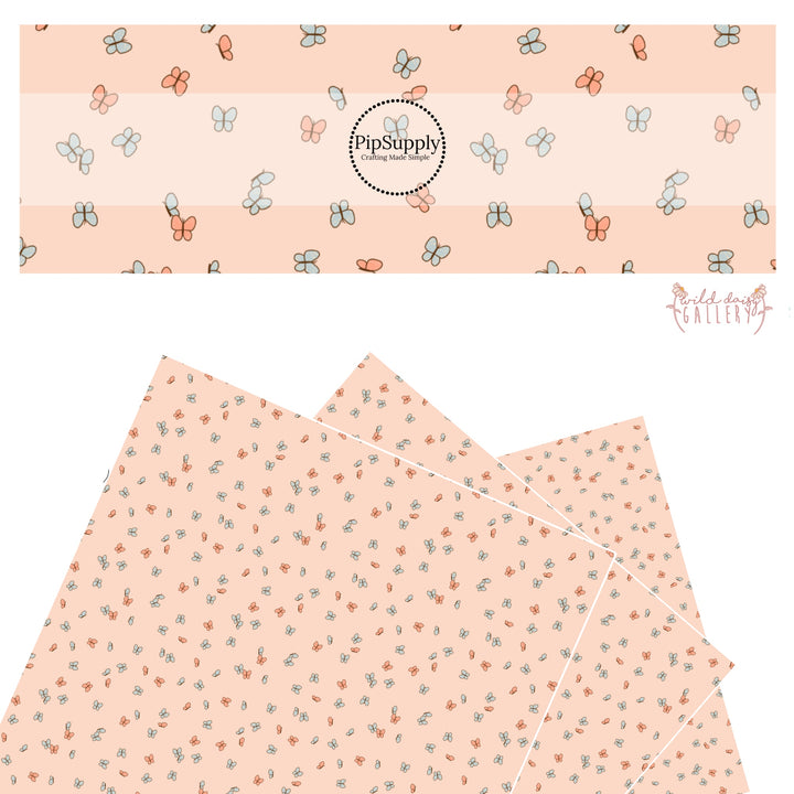 These butterfly themed light cream faux leather sheets contain the following design elements: small butterflies in light orange and light blue.