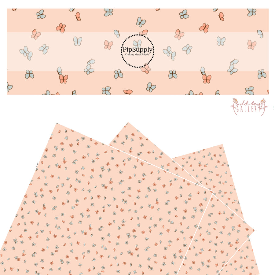 These butterfly themed light cream faux leather sheets contain the following design elements: small butterflies in light orange and light blue.