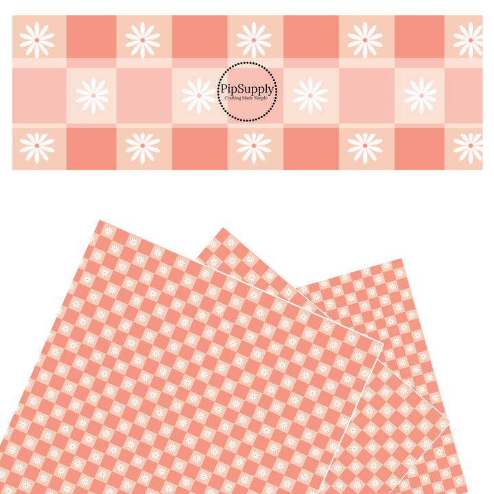 These spring checker faux leather sheets contain the following design elements: daisy flowers on coral checker pattern. Our CPSIA compliant faux leather sheets or rolls can be used for all types of crafting projects. The designer of this pattern is Hay Sis Hay. 