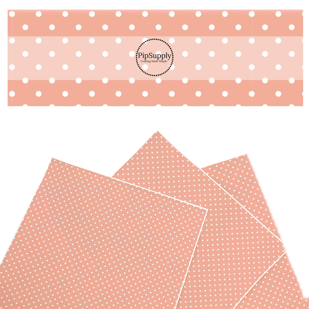 These spring faux leather sheets contain the following design elements: cream dots on coral. Our CPSIA compliant faux leather sheets or rolls can be used for all types of crafting projects.