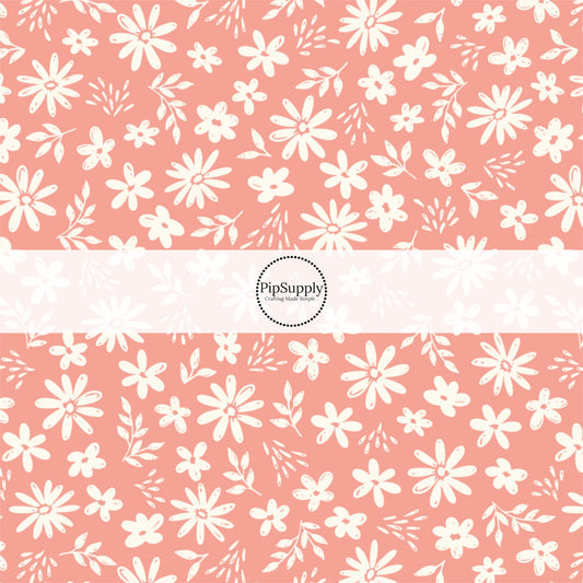 White Florals on Coral Fabric by the Yard.