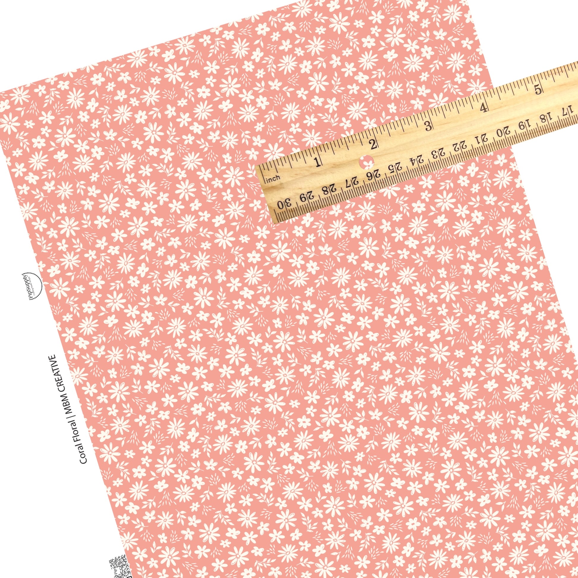 These spring pattern themed faux leather sheets contain the following design elements: cream flowers on coral. Our CPSIA compliant faux leather sheets or rolls can be used for all types of crafting projects.