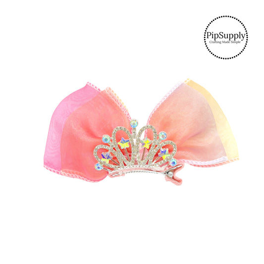 Princess crown iridescent on coral mix hair bow clip