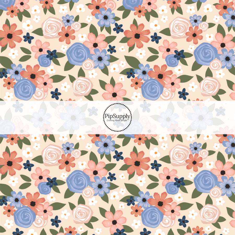 These spring fabric by the yard features coral and navy flowers. This fun pattern fabric can be used for all your sewing and crafting needs!