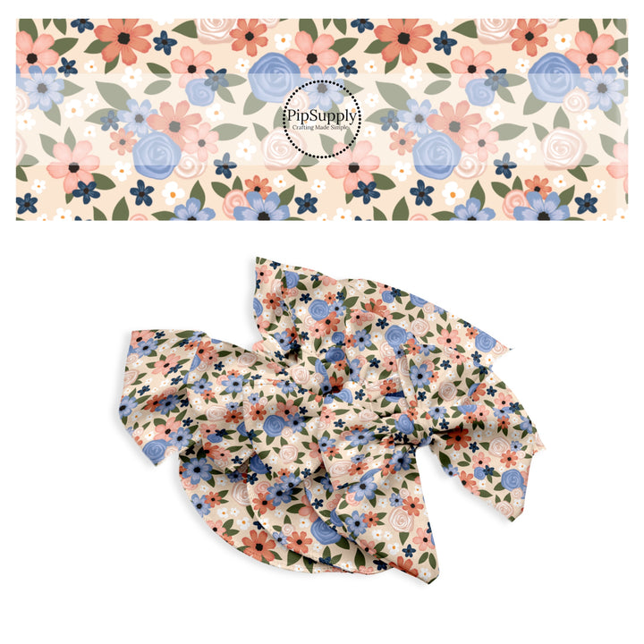 These spring no sew bow strips can be easily tied and attached to a clip for a finished hair bow. These bow strips are great for personal use or to sell. These bow strips feature the following design elements: coral and navy flowers.