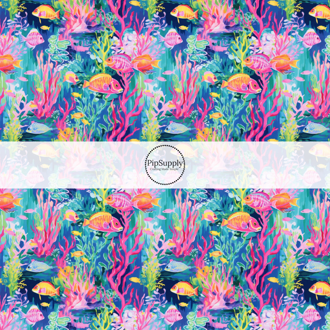These tropical ocean themed fabric by the yard features glowing jelly fish. This fun pattern fabric can be used for all your sewing and crafting needs!