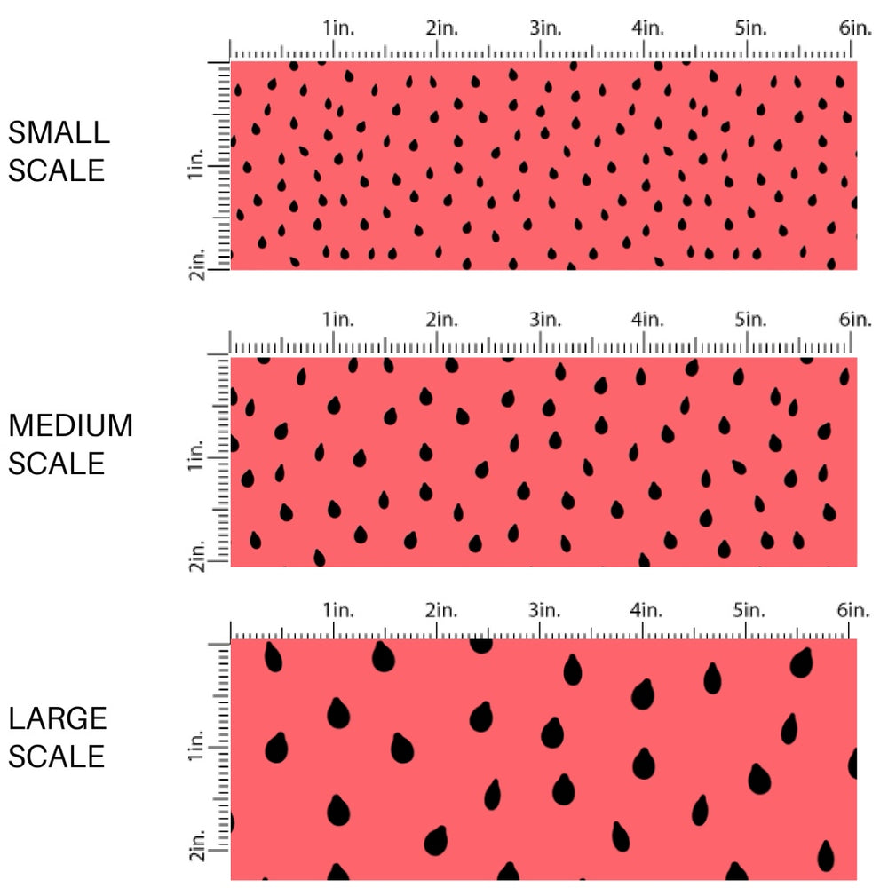 These fruit fabric by the yard features watermelon seeds on coral. This fun pattern fabric can be used for all your sewing and crafting needs!