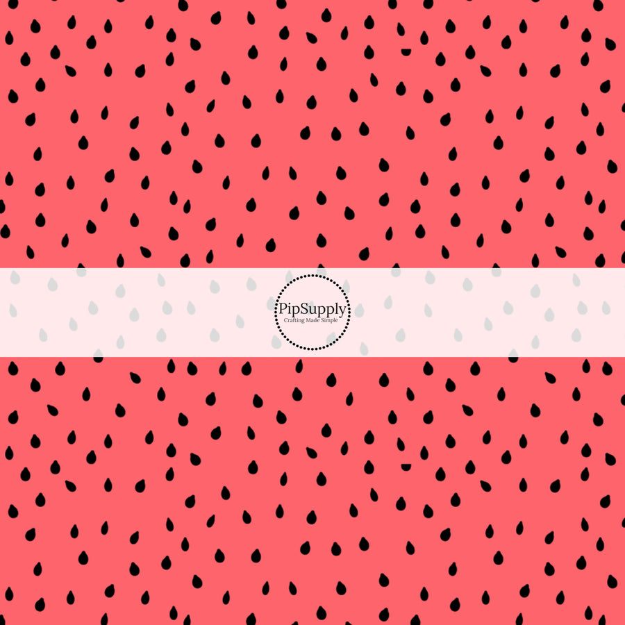 These fruit fabric by the yard features watermelon seeds on coral. This fun pattern fabric can be used for all your sewing and crafting needs!