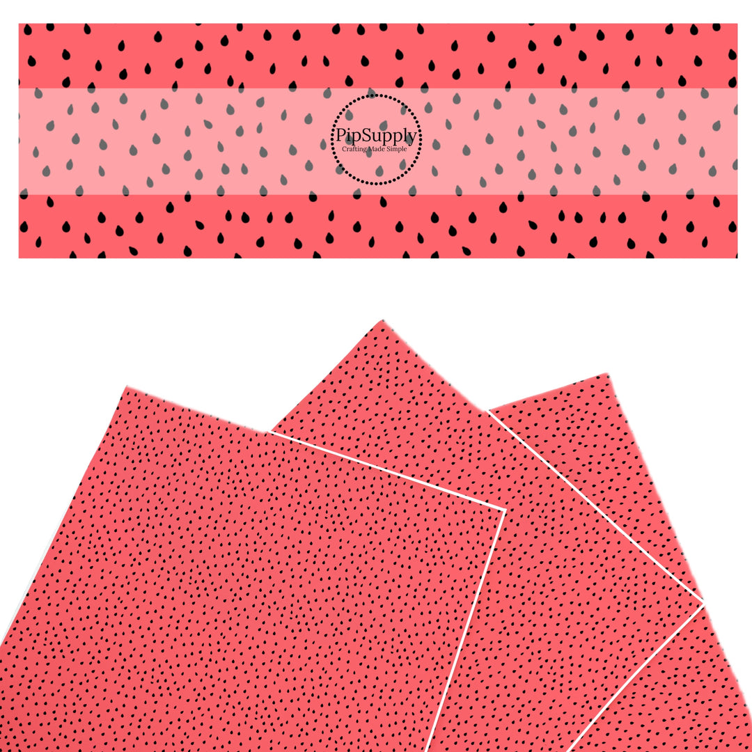 These fruit themed faux leather sheets contain the following design elements: watermelon seeds on coral. Our CPSIA compliant faux leather sheets or rolls can be used for all types of crafting projects.