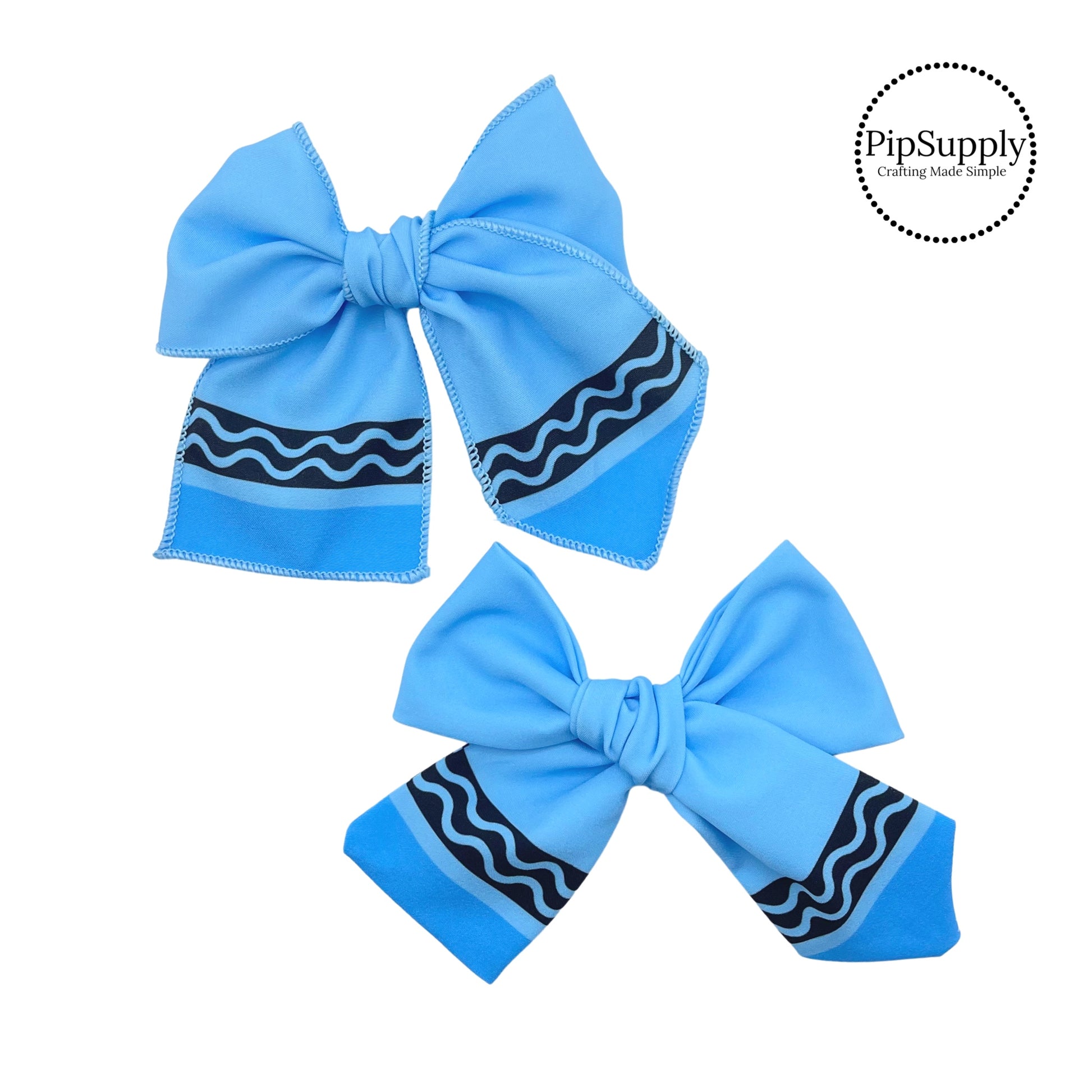 Blue crayon with darker blue tips with black lines hair bow strips