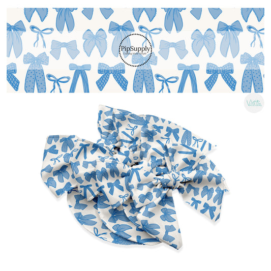 These spring bows themed no sew bow strips can be easily tied and attached to a clip for a finished hair bow. These patterned bow strips are great for personal use or to sell. These bow strips features cornflower blue multi ribbon bows.