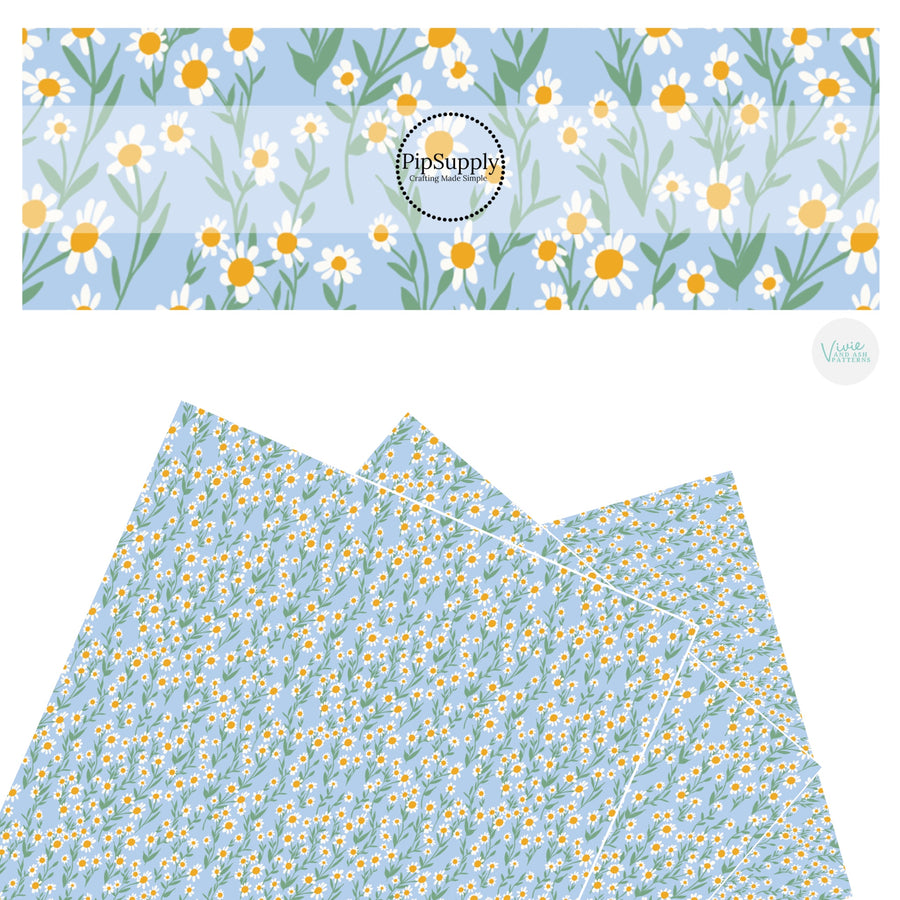 These spring floral faux leather sheets contain the following design elements: cornflower daisies on light blue. Our CPSIA compliant faux leather sheets or rolls can be used for all types of crafting projects. 