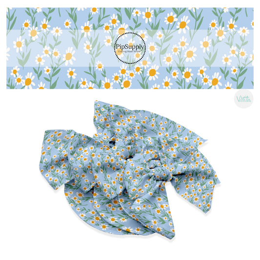 These spring floral pattern themed no sew bow strips can be easily tied and attached to a clip for a finished hair bow. These patterned bow strips are great for personal use or to sell. These bow strips features cornflower daisies on light blue.