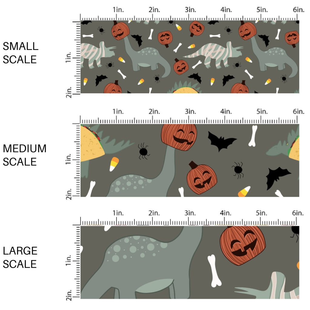 This scale chart of small scale, medium scale, and large scale of these Halloween themed pattern fabric by the yard features the following design elements: dinosaurs in costumes. This fun spooky themed fabric can be used for all your sewing and crafting needs!